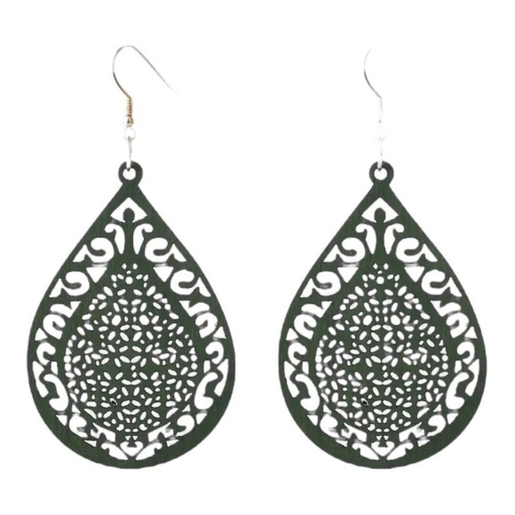 Green Wood Carved pattern droplet shaped Dangle, Earrings retro Ethnic Style - Picture 1 of 1